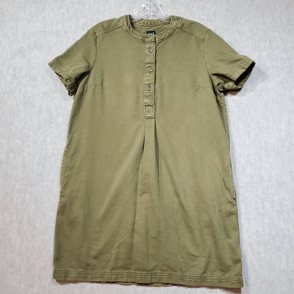 Gap Dress Womens Small Petite Green Utility Popover Henley Neck Button Front